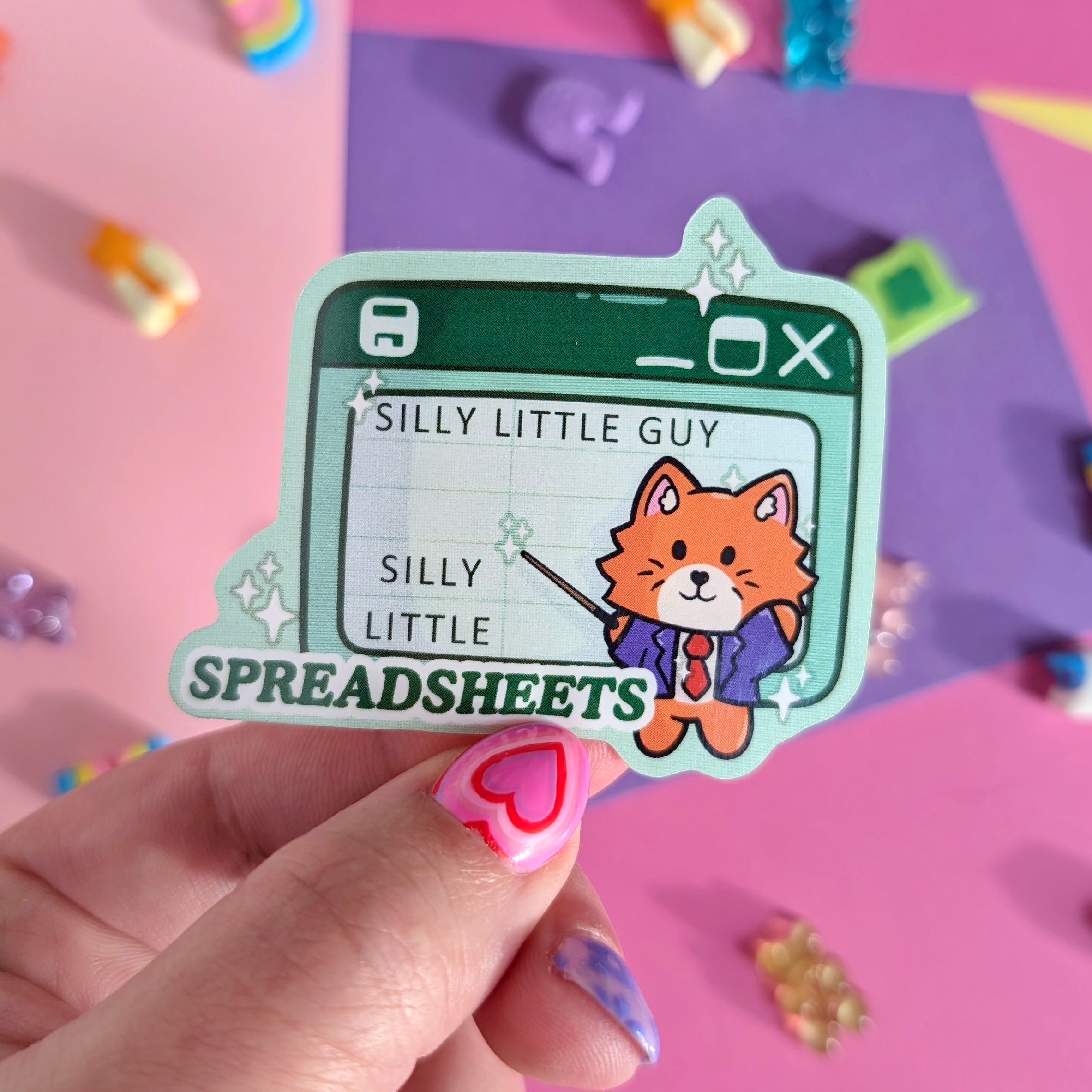 Sticker of a silly lil guy with his silly lil spreadsheets by Candy Skies
